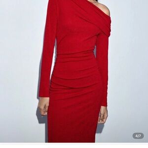 Asymmetrical V neck textured fitted dress